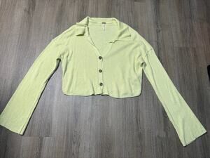 Free People Lime Green Women's Ella Button-Up Crop Sweater